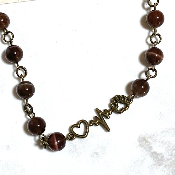 Cute Purple Cat's Eye Bronze Paw Print Heart Beat Adjustable Pendant Choker - Picture 7 of 15